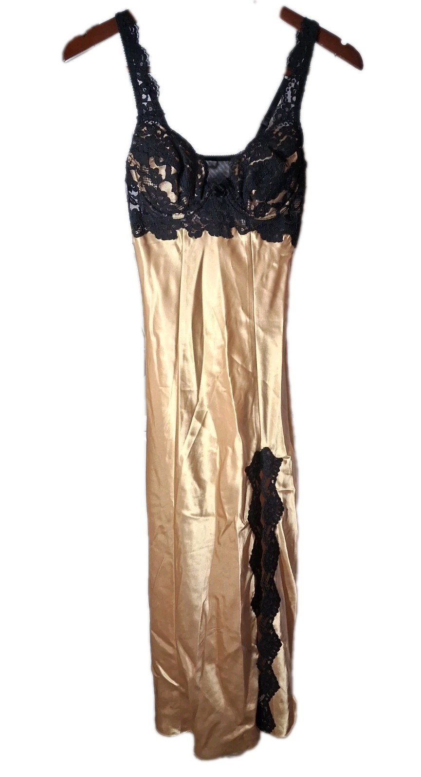 Vtg 90s Victorias Secret Gold Second Skin Satin Long Liquid Shiny Nightgown XS