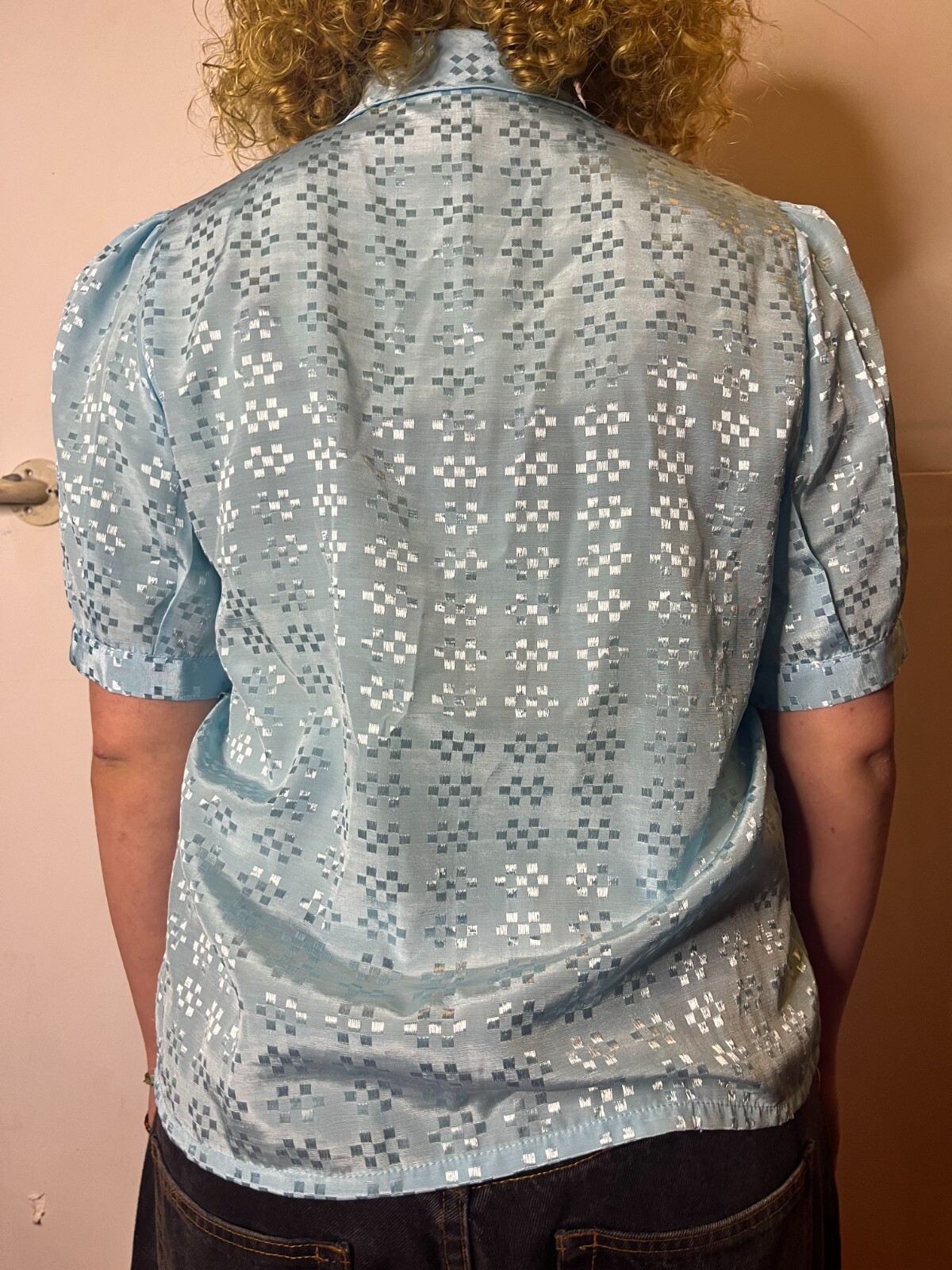 Vintage 1980s Collared Blouse Lace Ruffles Bow Detail Pearl Buttons AU 14