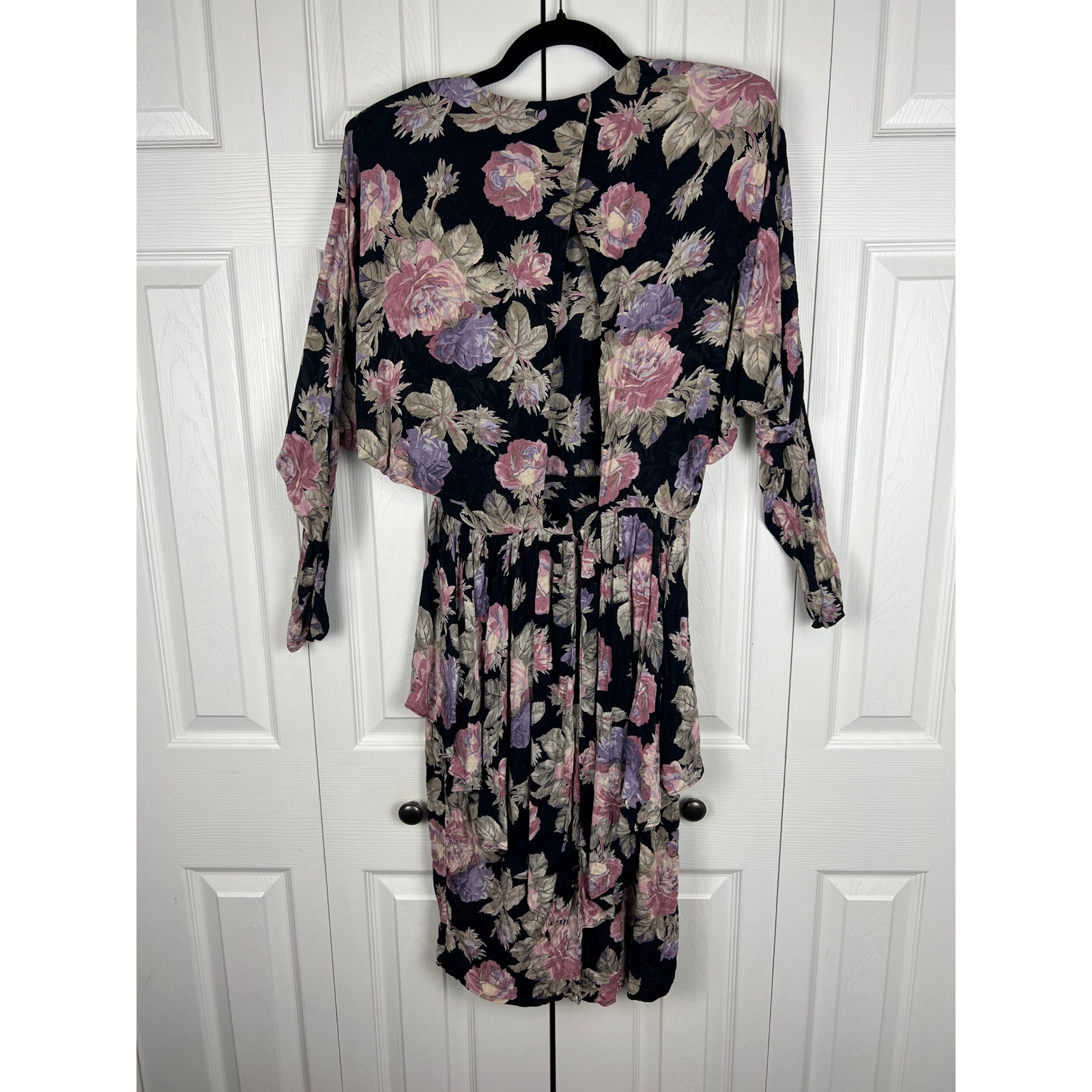 Vintage 80s Regina Kravitz Floral Peplum Midi Dress Open Back Romantic M 8/10