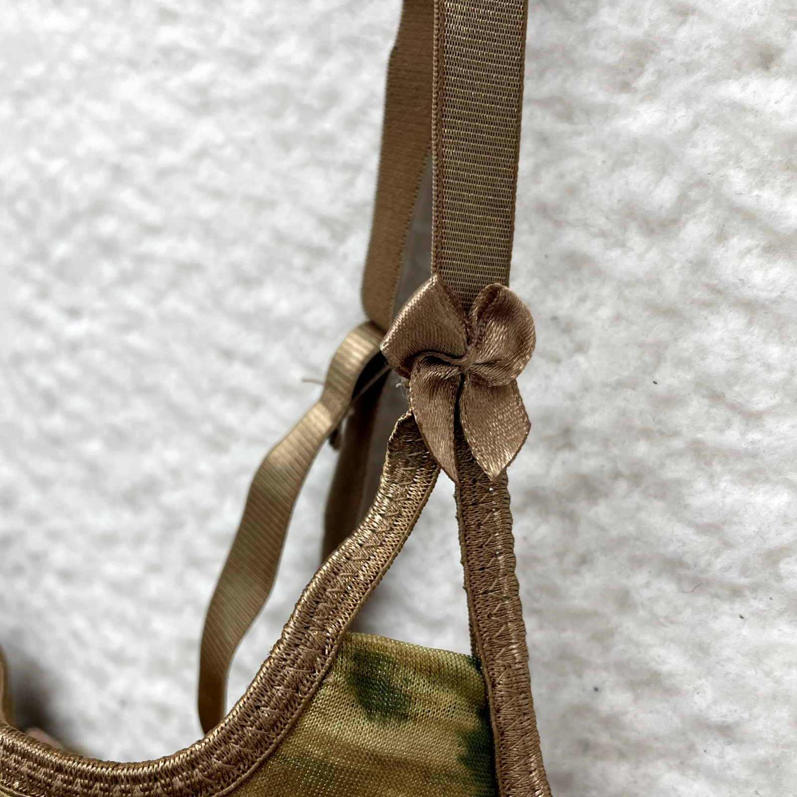 Vintage Bra 34C Balconette T-Shirt Tan Green Pattern Bow Underwire Lingerie Sexy
