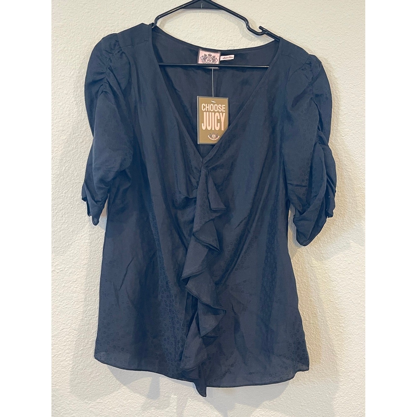 NWT Juicy Couture Vintage Y2K Womens Black Cheetah Print Ruffle Blouse Size 12