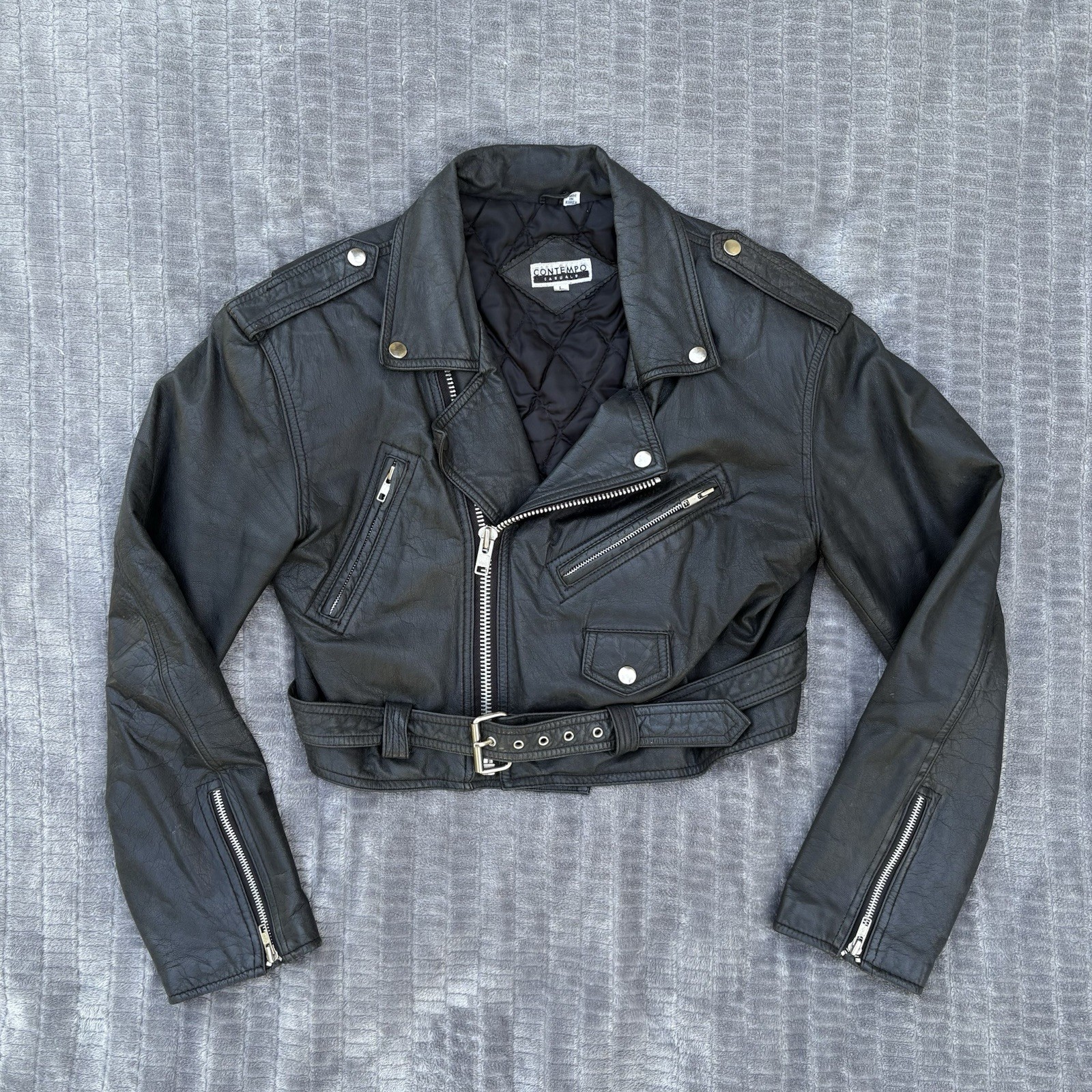 Vintage 80s 90s Contempo Casuals Black Leather Cropped Motorcycle Jacket Biker L