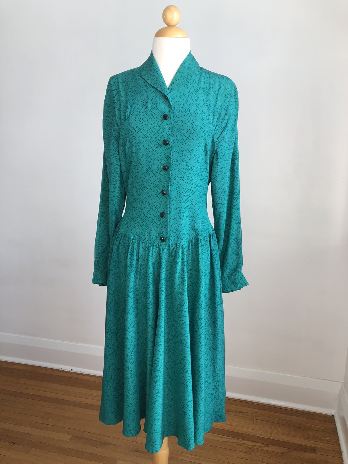 STUNNING VTG Ann Tjian For KENAR 2 Green Black Dots 100% Silk Midi Dress SZ 6