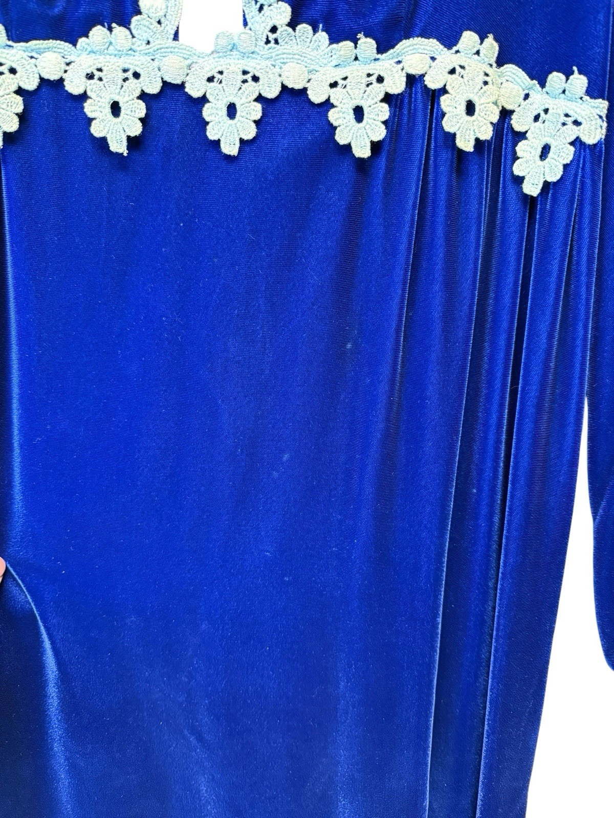 Vintage 70s Victorian Prairie Revival Sapphire Blue Velvet Long Sleeve Maxi 10