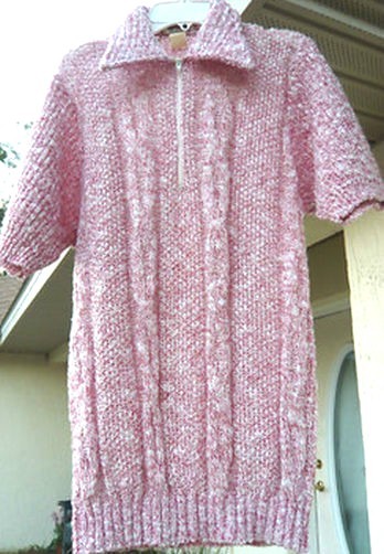 VTG 70S USA WOMEN MONTGOMERY WARD M NUBBY DISCO PINK WOVEN ZIP SS SWEATER UNISEX