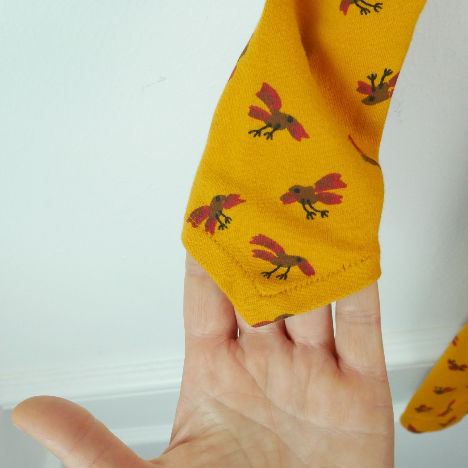 Betsey Johnson Alley Cat 7/8 XS Dress Vintage 70s Bird Print Yellow Puff Sleeve
