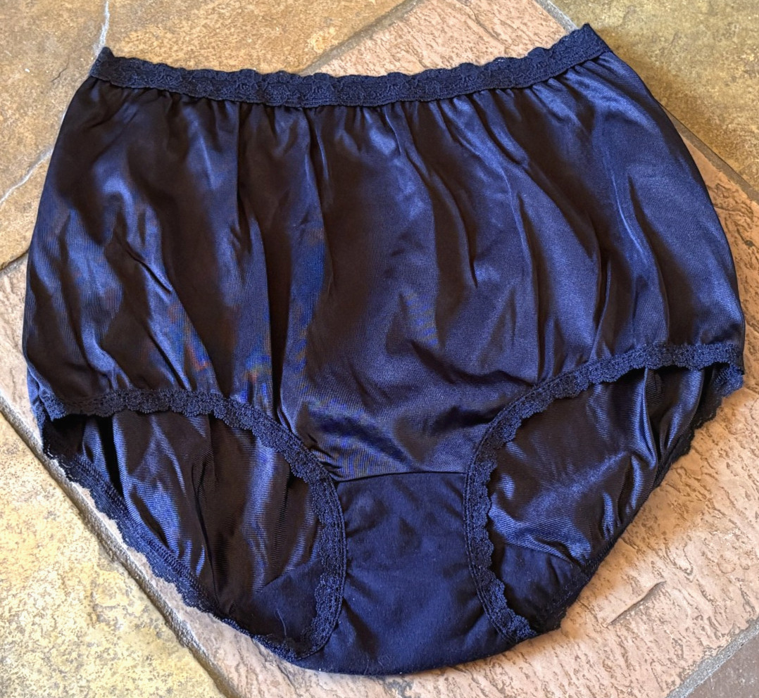 COTILLION Large BLACK Hi Shine SATIN All Nylon Lace Trim Brief Panties NWOT VTG