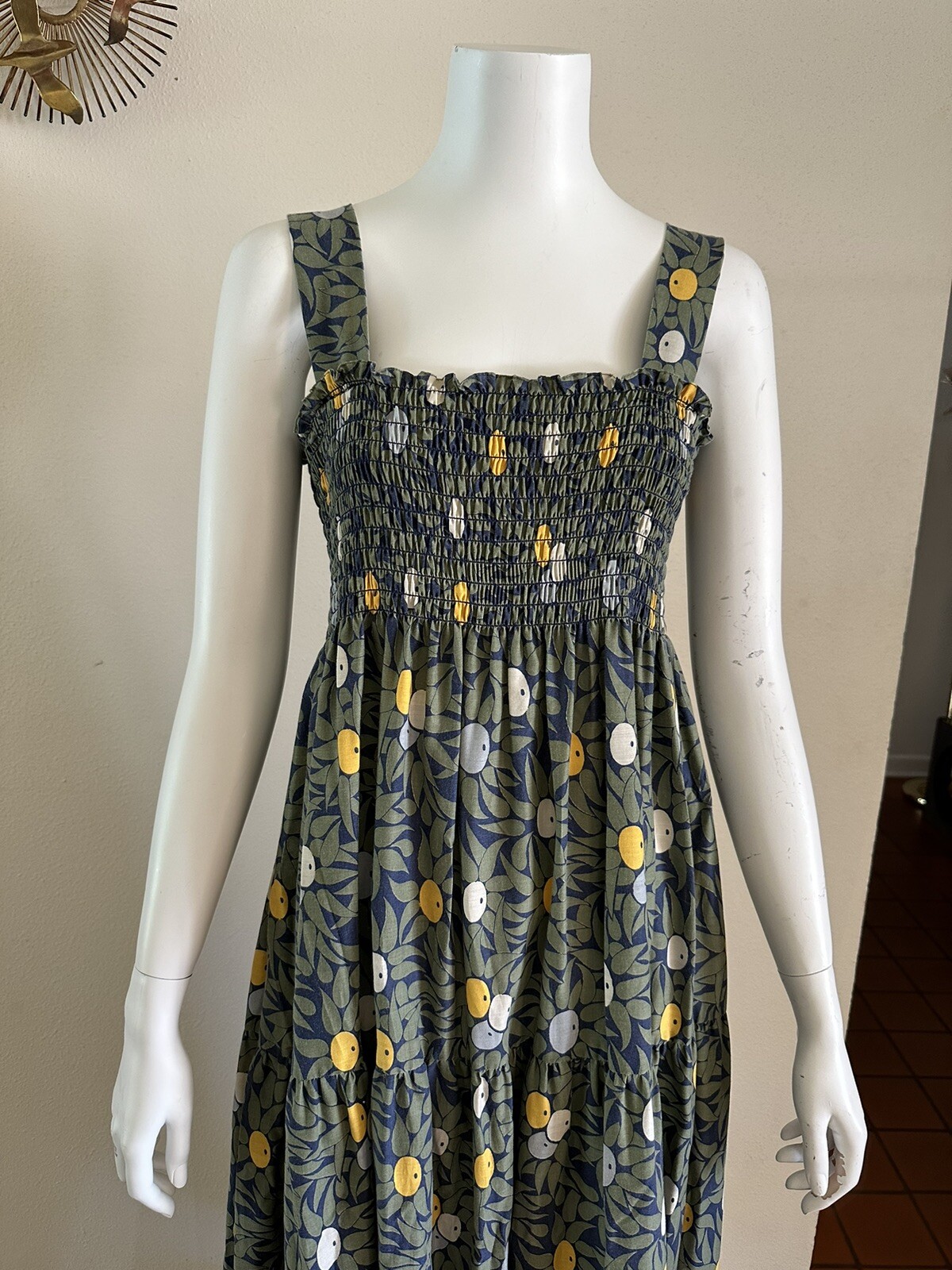 1970s Olive Print Smocked Maxi Dress Cotton Blend Hostess Resort Sundress OS VTG