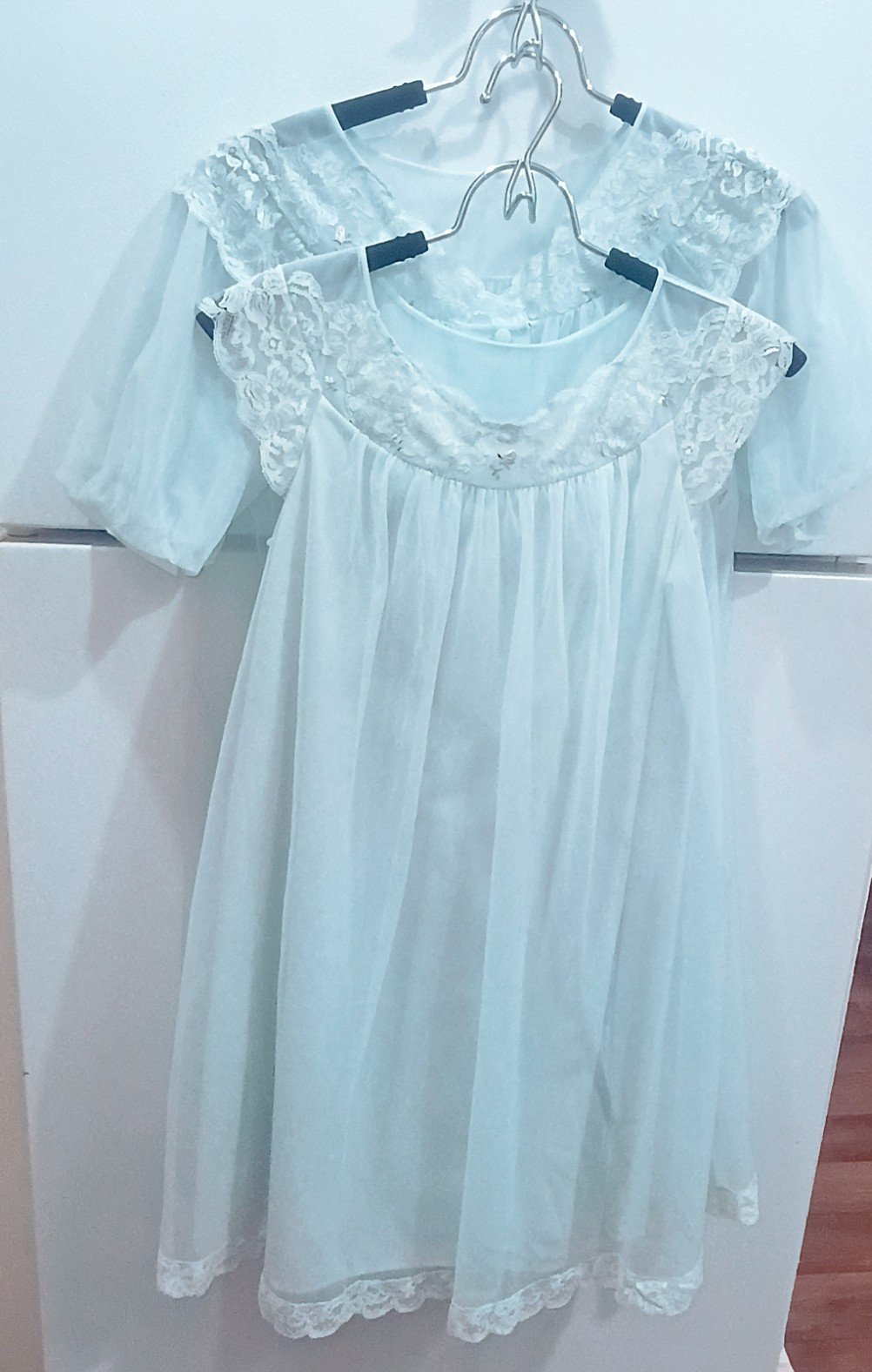 Shadowline Petite Light Blue Nylon Lace Vintage Robe & Nightgown Peignoir Set