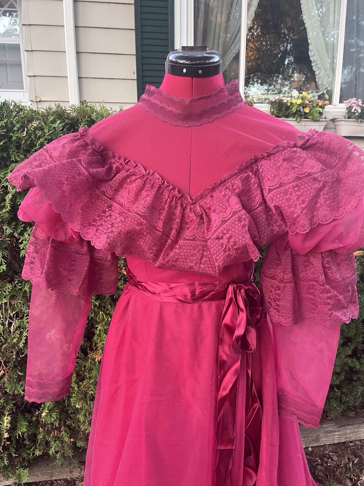 Vintage Prom Dress 1980s Does Victorian Puffy Sleeve High Collar Formal Maxi