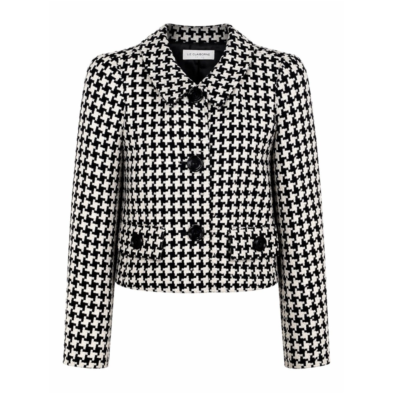 Liz Claiborne Houndstooth Cropped Blazer Jacket Sz 4 Black White VTG Career Chic