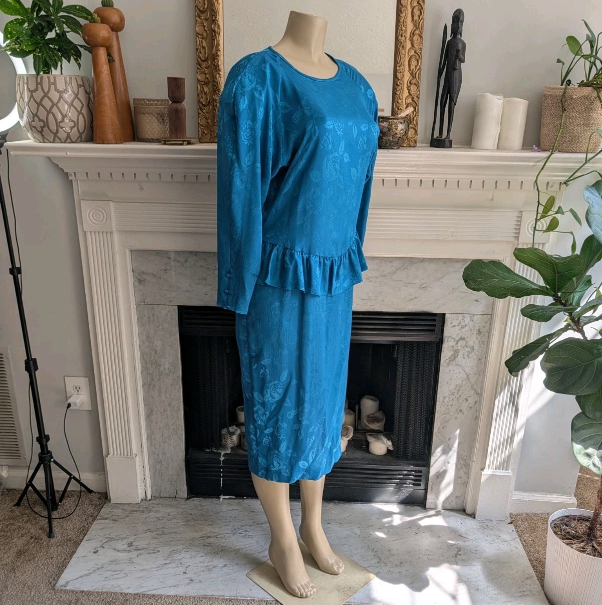 Vintage 80s Blue Teal Peplum Midi Dress Size 12 Floral Jacquard Drop Waist