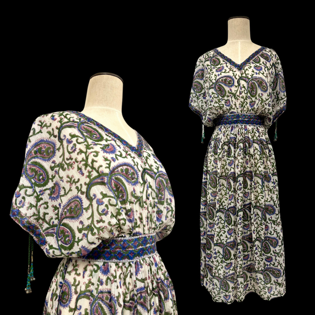 Vintage 1970s Block Print Cotton Gauze Paisley Bell Tassel Midi Dress