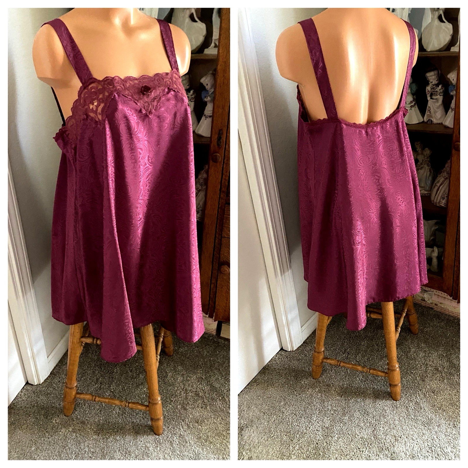 VTG Y2K ADONNA BURGUNDY WINE RED JACQUARD SATIN W/ LACE YOKE NIGHTGOWN SZ M