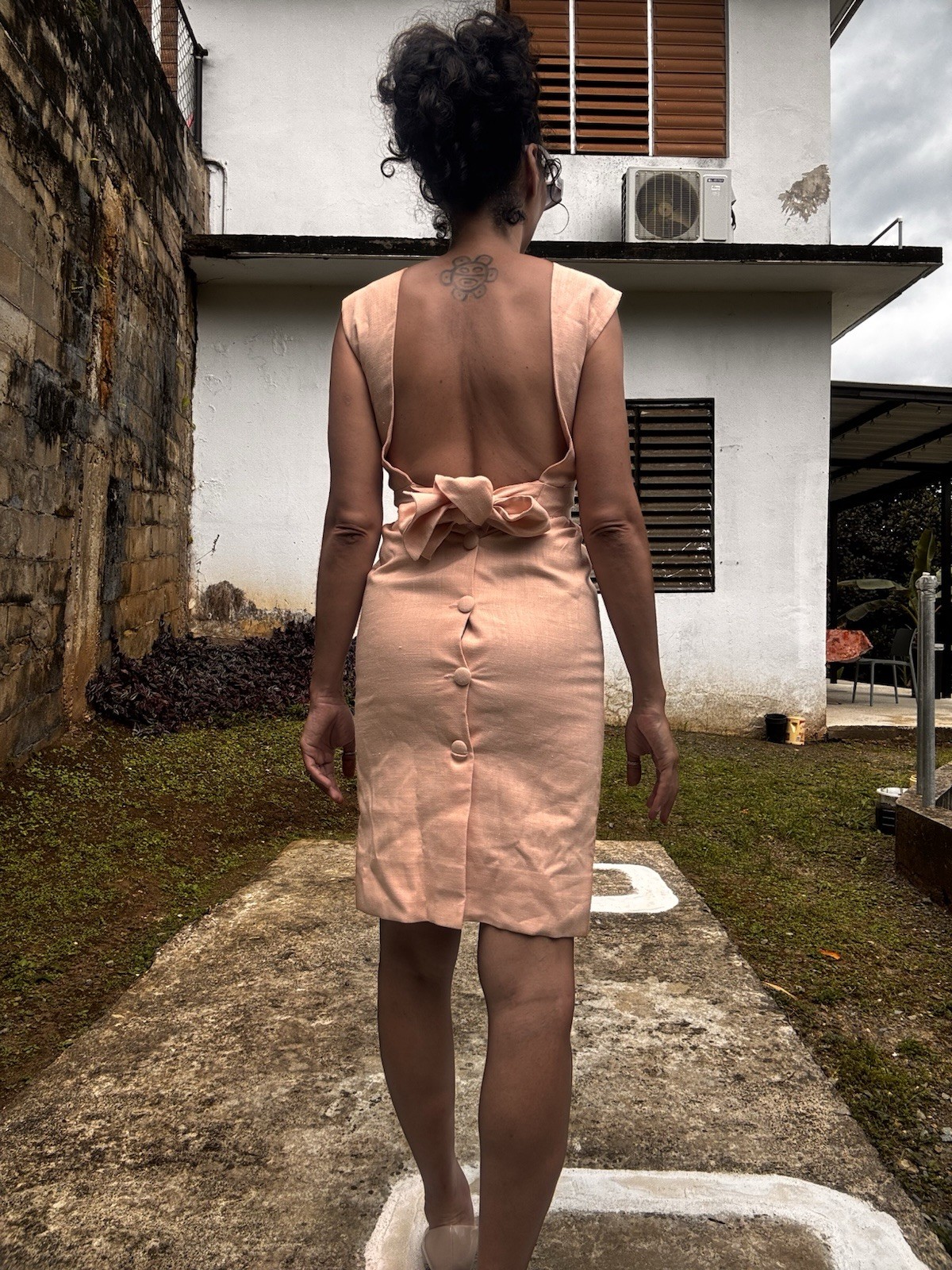 Vintage Handmade 1960s Open Back Salmon, Woven Cotton Canvas, Dress sz Small