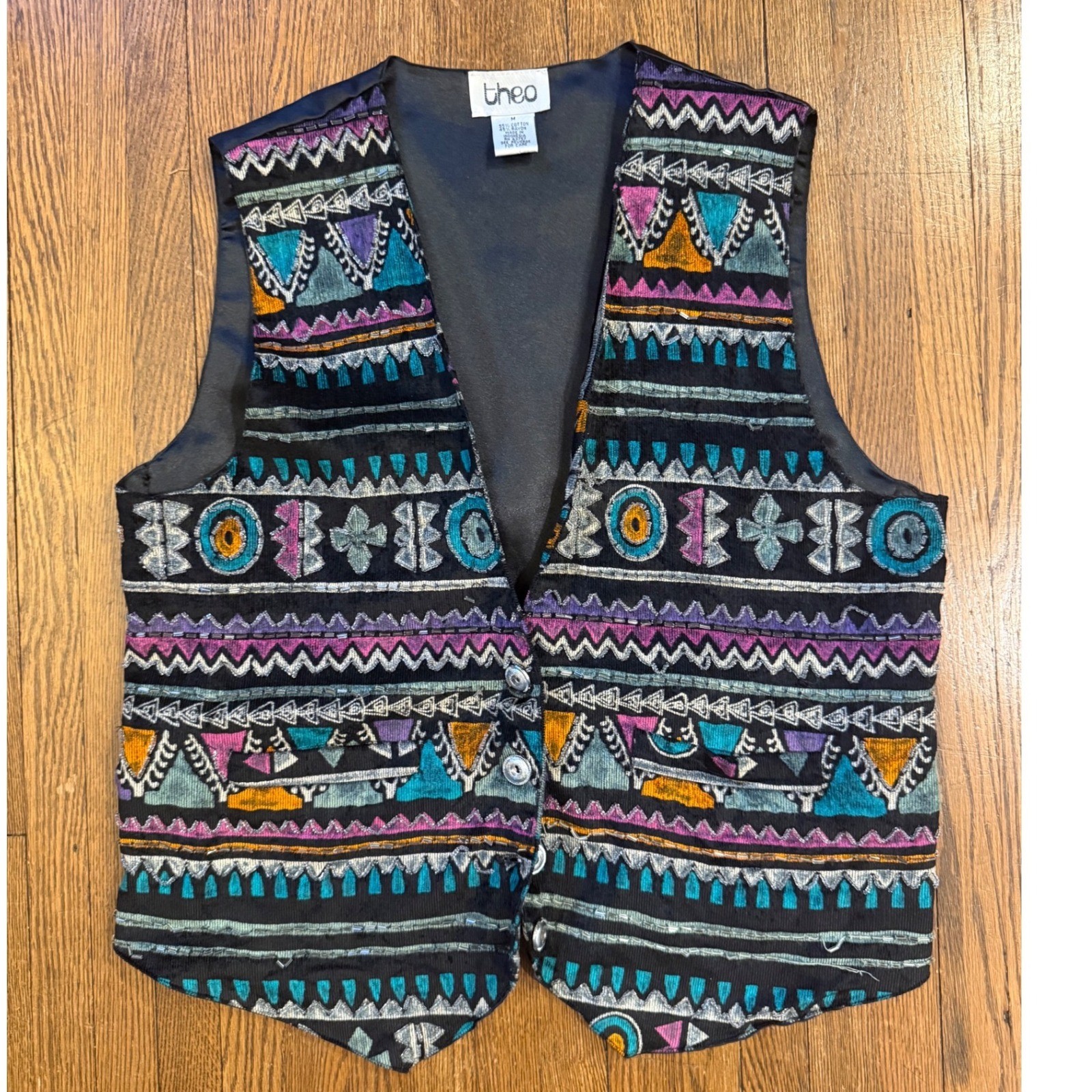 Vintage Theo Beaded Corduroy Vest Southwestern Geometric Black Teal Purple M