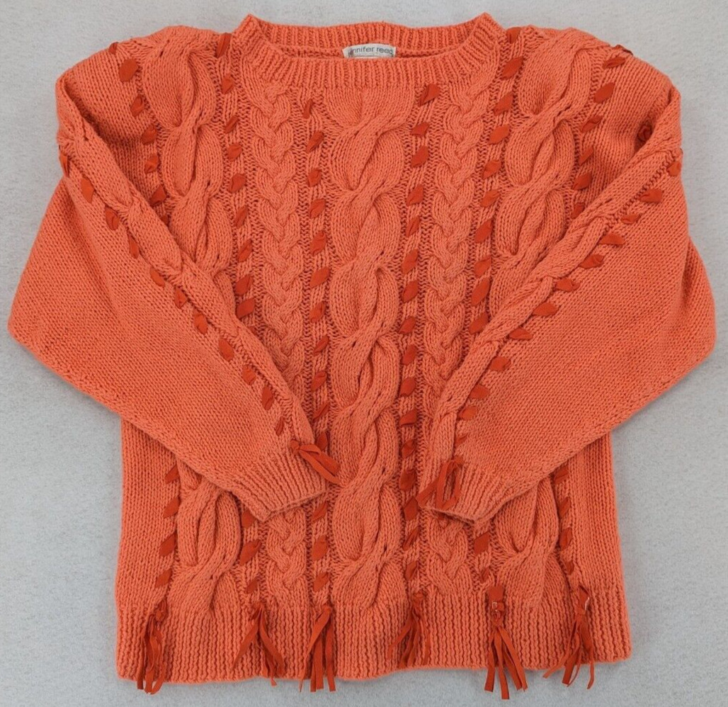 Vtg JENNIFER REED Embellished Cable Knit Crew Neck SWEATER in Coral Size Medium