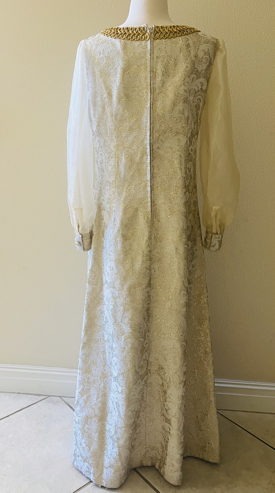 60s Vintage Brocade MAXI Dress Metallic Renaiss Style Dress Empress Gold M/L