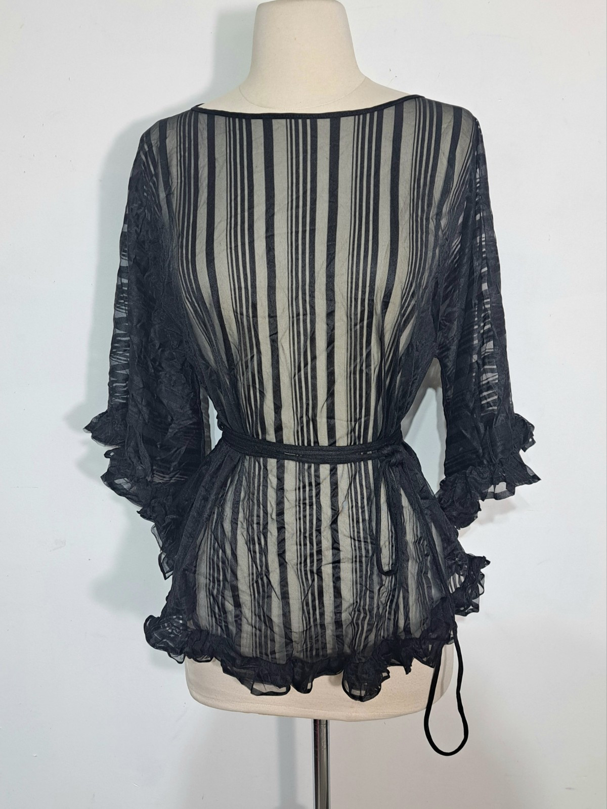 Vintage 1970s Black Sheer Stripe Pajama Set Sz S Shirley of Hollywood Ruffle