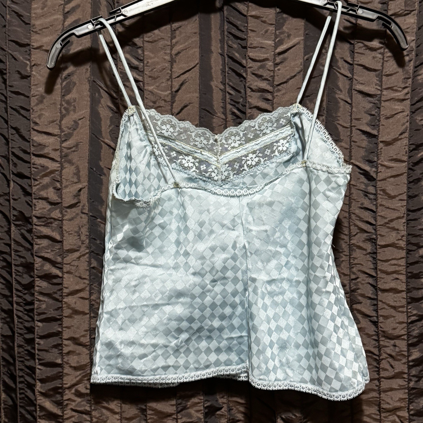 Taryn Alexander Camisole Top Blue Lace Trim Diamond Pattern Vintage 1970s