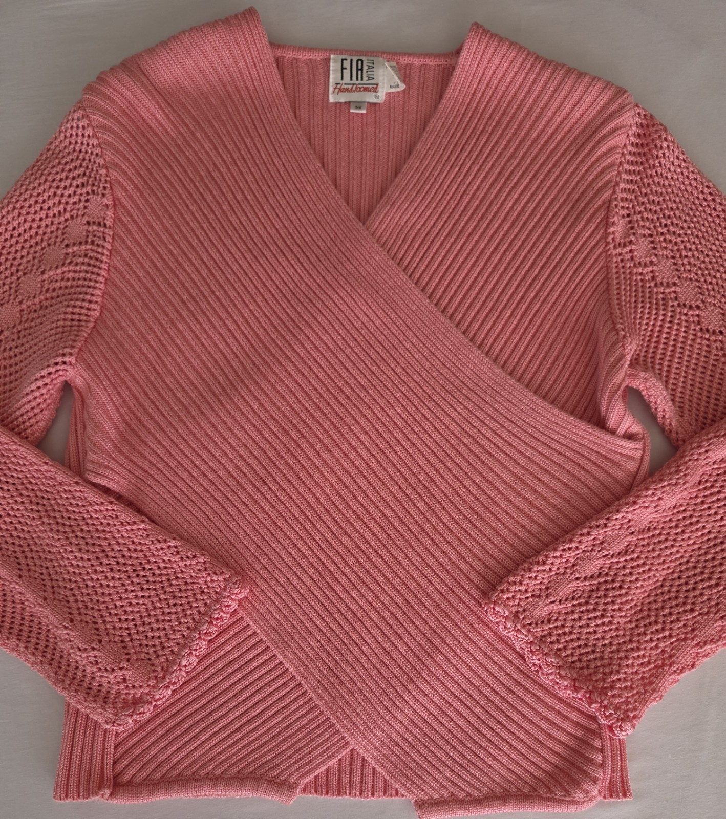 Vintage Fia Italia Handloomed Pink Long Sleeve Wrap Style Sweater Size Medium