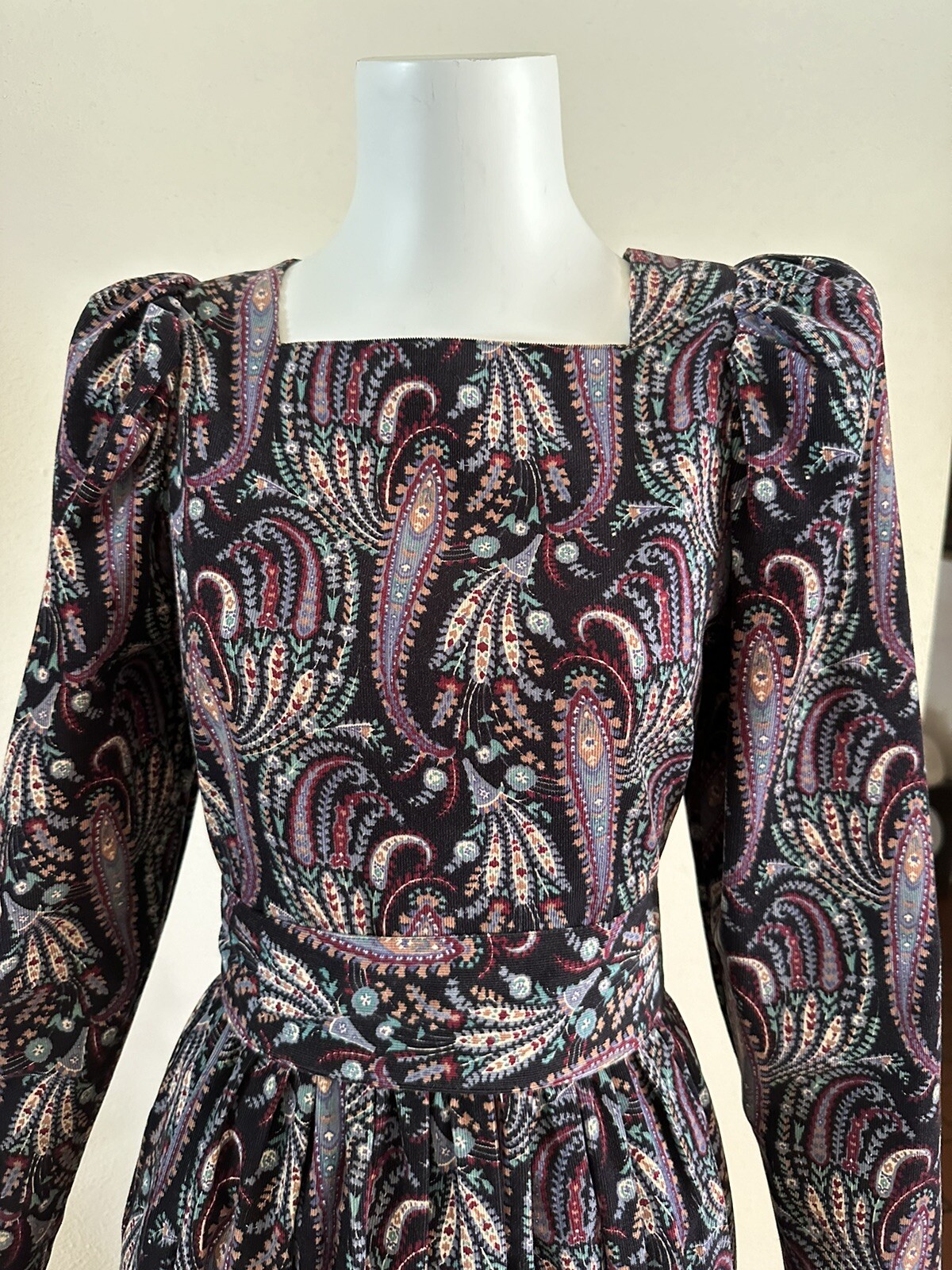 1980s Laura Ashley Paisley Floral Corduroy Dress Puff Sleeve Party Prairie VTG