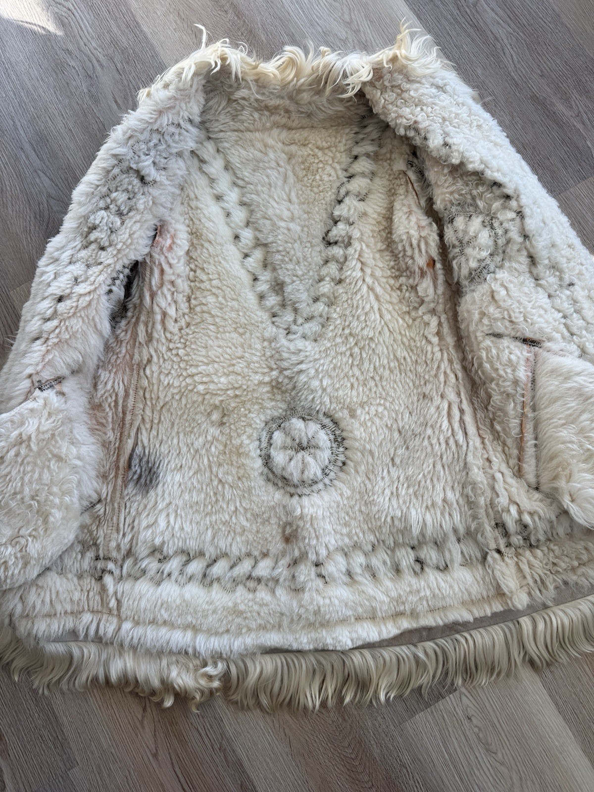 Vintage 1970s Shearling Suede Embroidered Afghan Coat Beige Cream