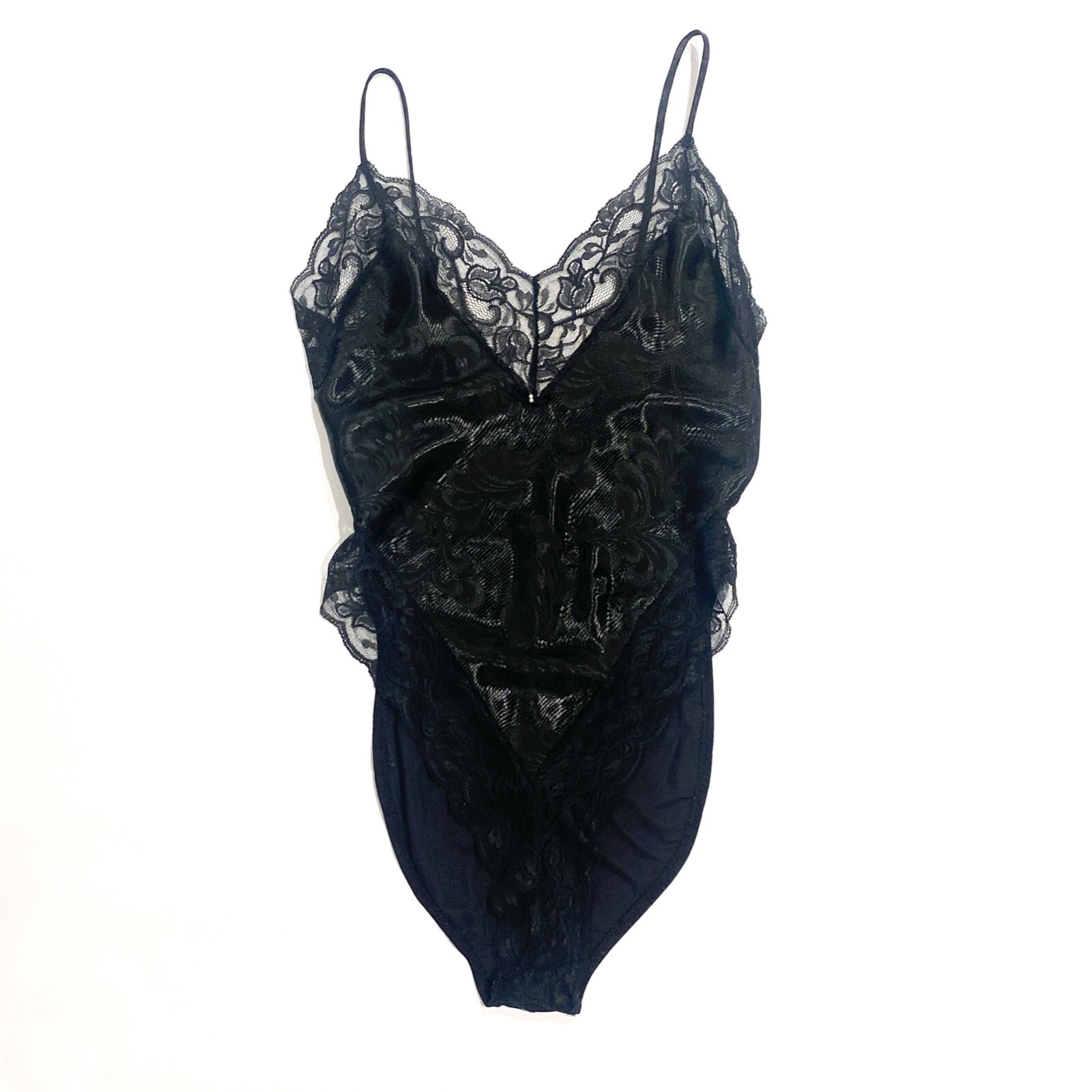 Vintage Lingerie. Black with lace trim and floral print on fabric. Thin spaghett