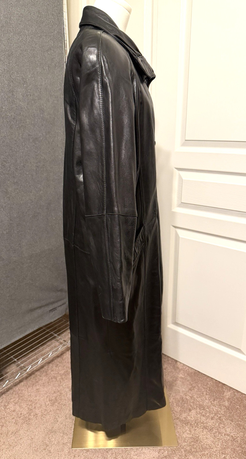 PELLE Black Leather Lined Trench Coat Size Medium Vintage 1980s