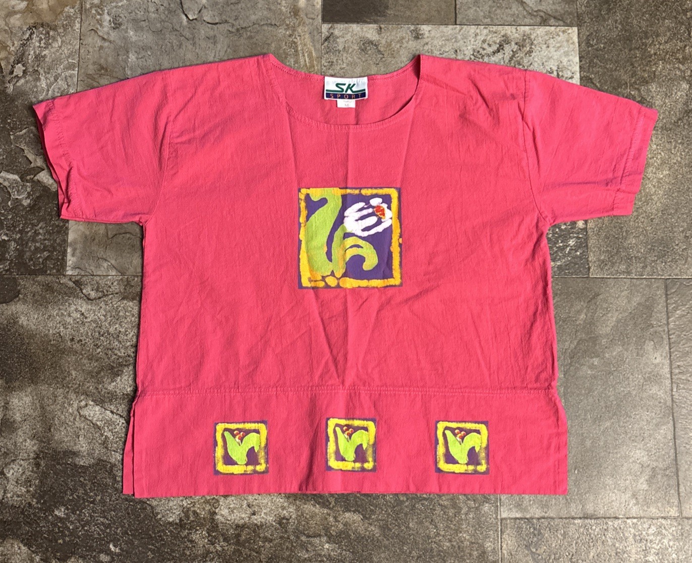 Vintage SK Sport Hot Pink Top 80s 90s Sz Med Made in USA graphic print S/S 601