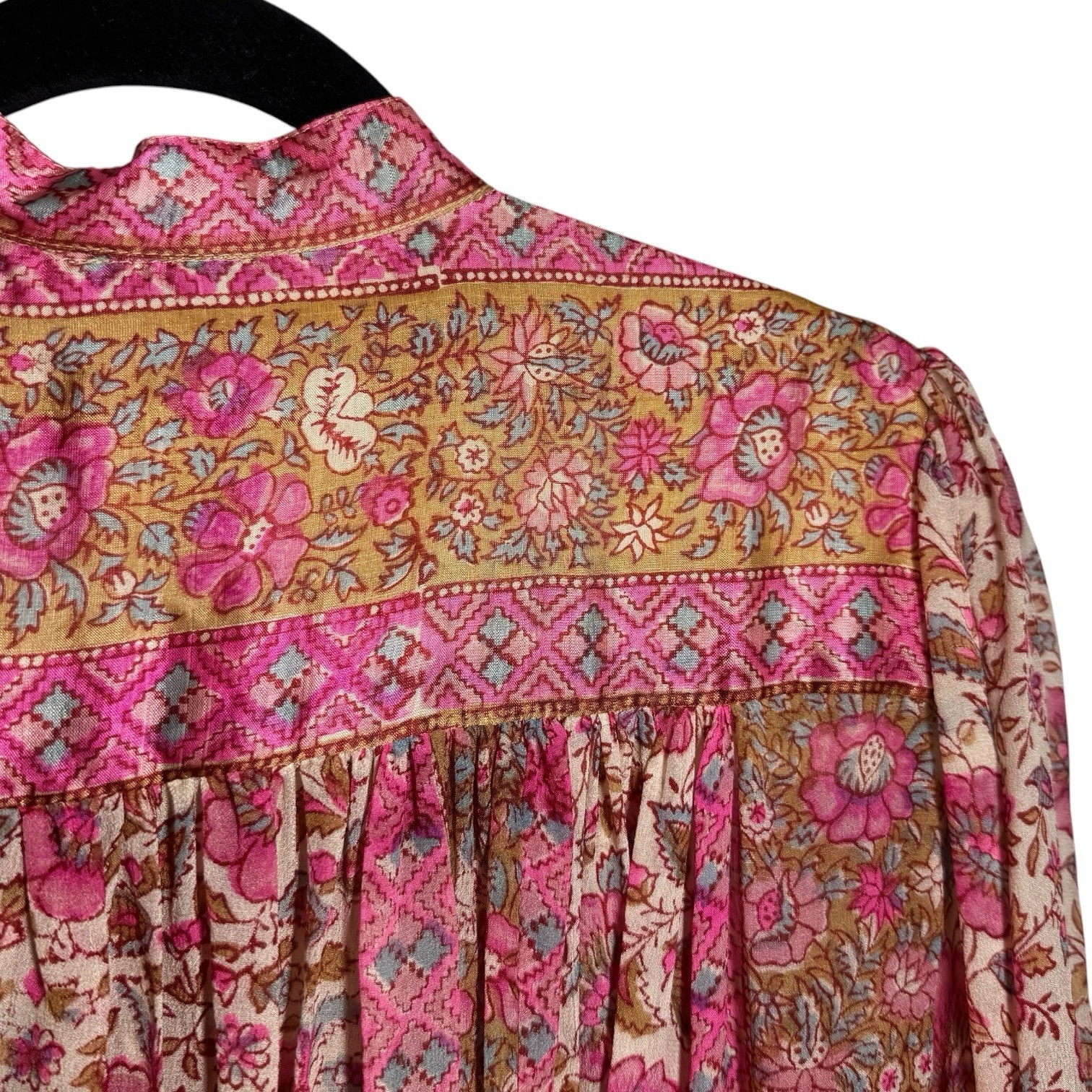 70s Vintage Ritu Kumar Judith Ann I Magnin Pink Silk Block Printed Boho Dress S
