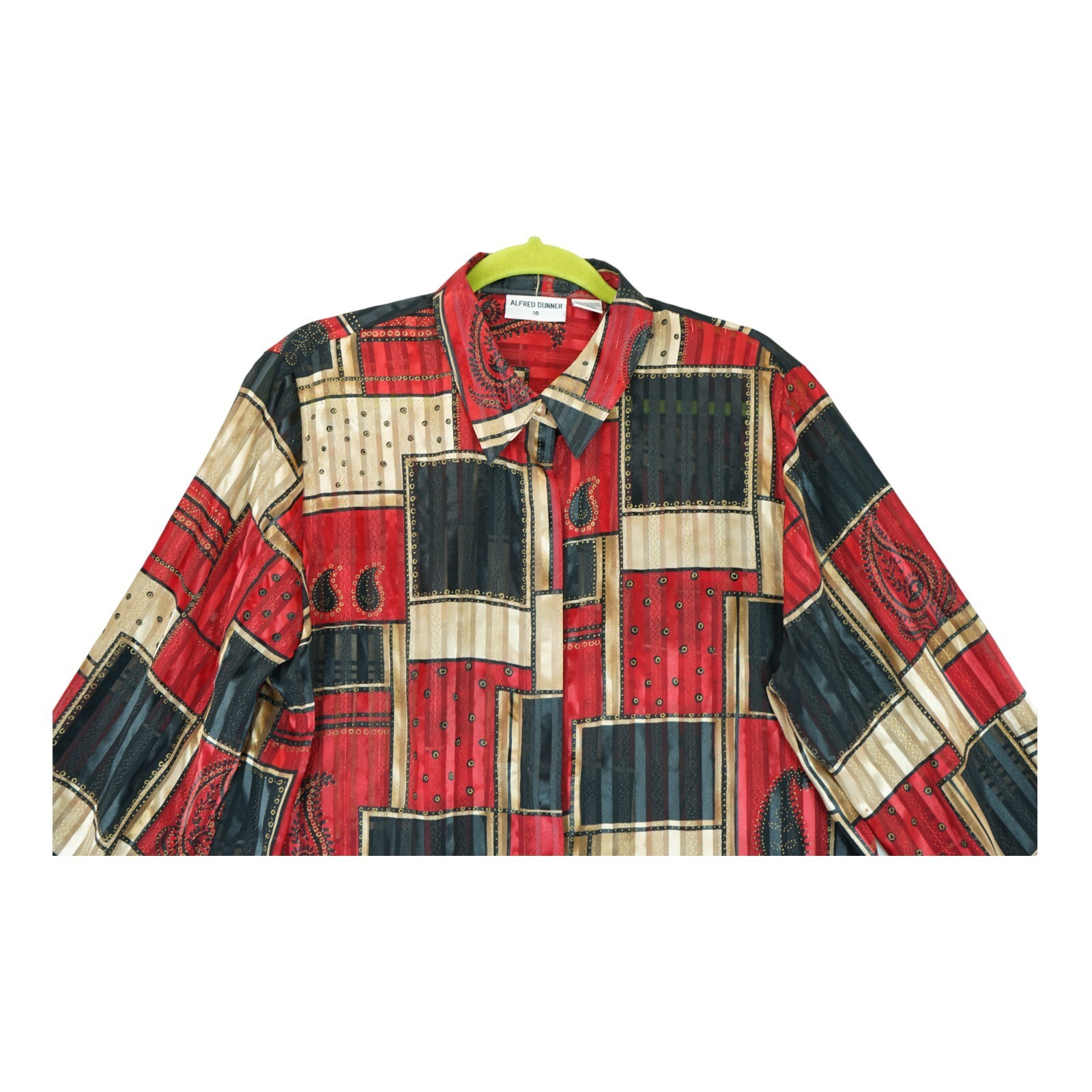 Vintage Dress Shirt Sz 16 Red Black Gold Satin Chiffon Shiny Long Sleeve Blouse