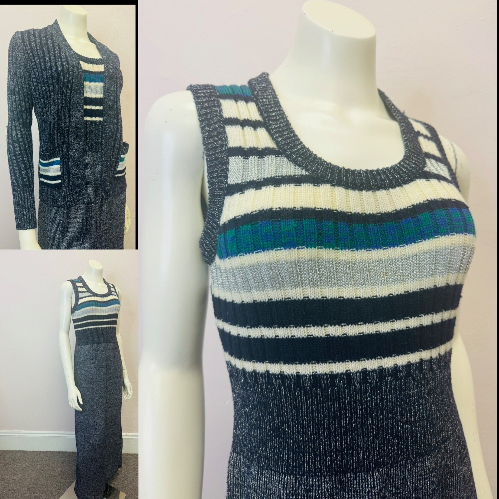 VTG 70s Jon Michel blue knit Lurex metallic Maxi Dress Cardigan suit lounge M