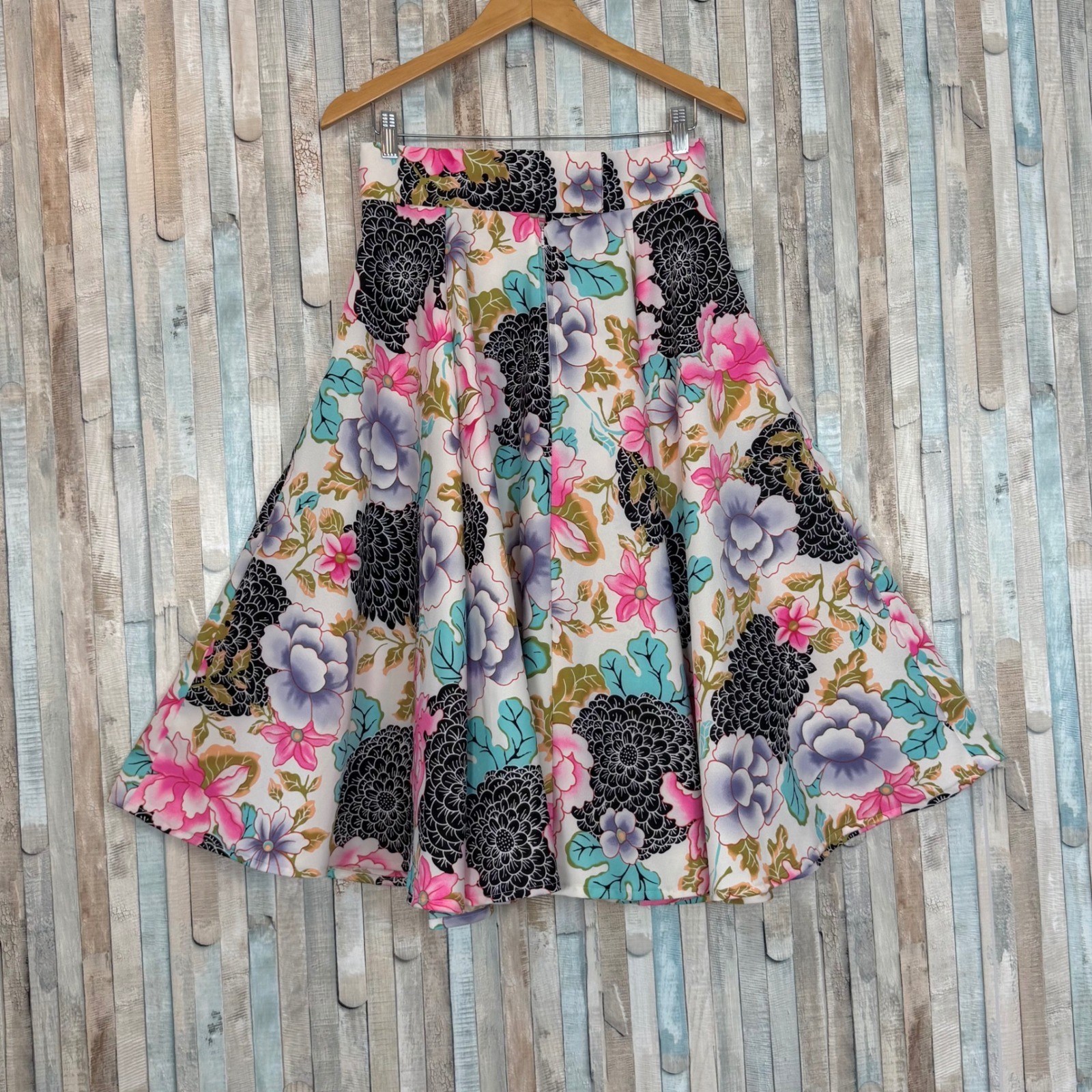 Vintage M Floral Circle Swing Twirl Full Midi Skirt High Waist Pleated A-Line