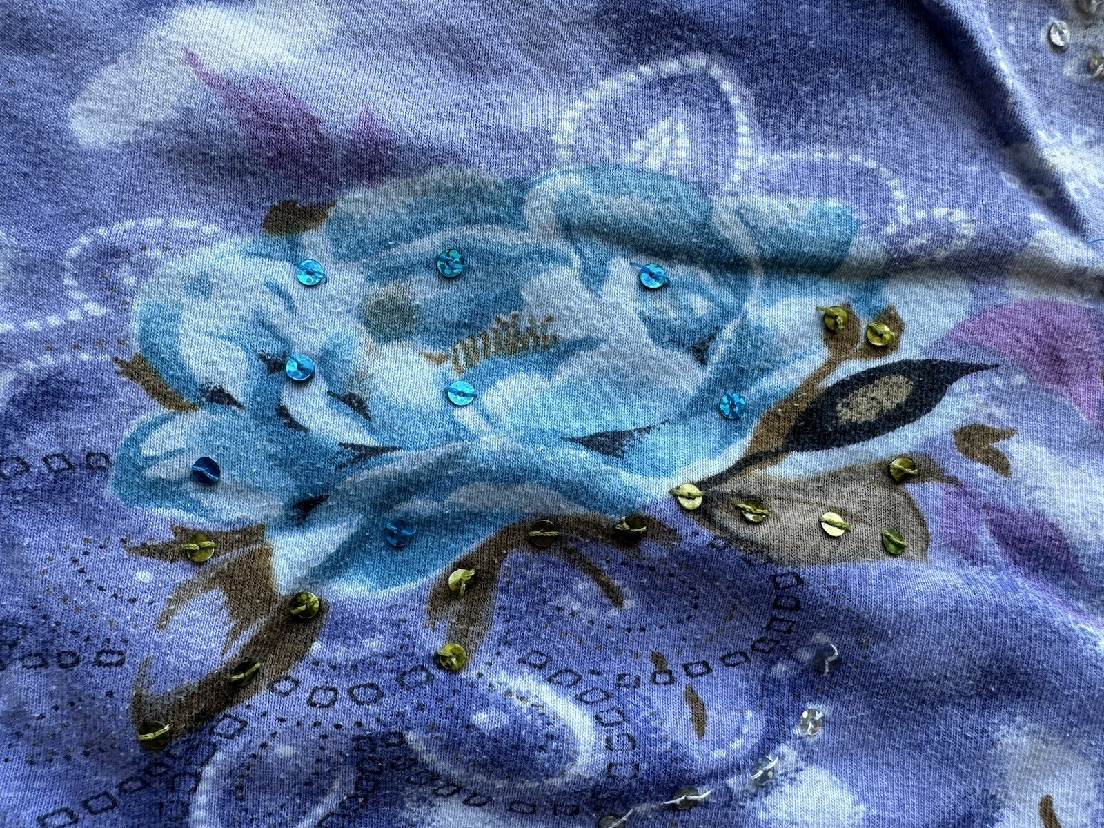 Vintage Y2K Take Two Clothing Co. Blue Abstract Floral Beaded Sequin Top Size M