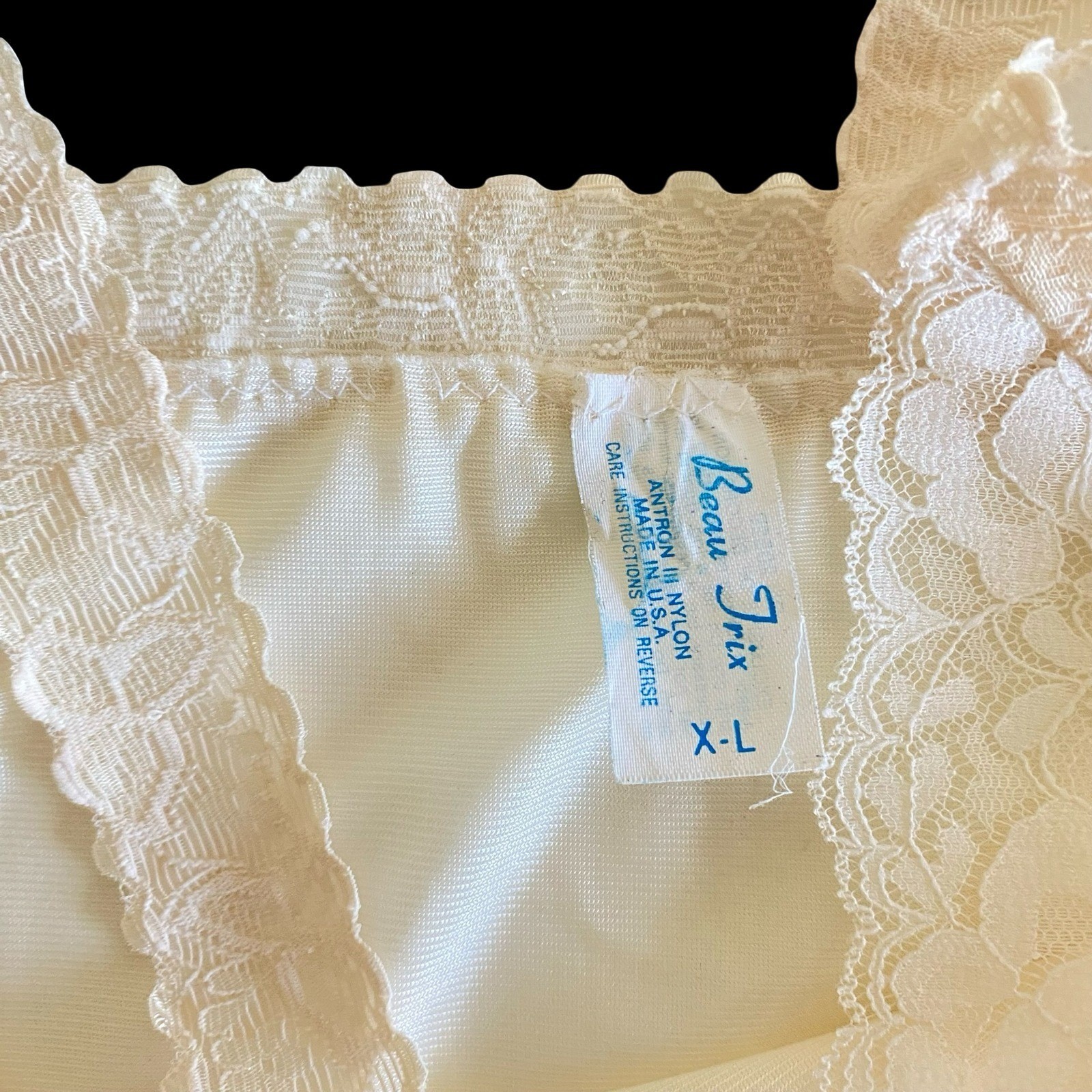 Vintage Beau Trix Ivory Lace Trim Antron III Nylon Camisole Top XL Made in USA