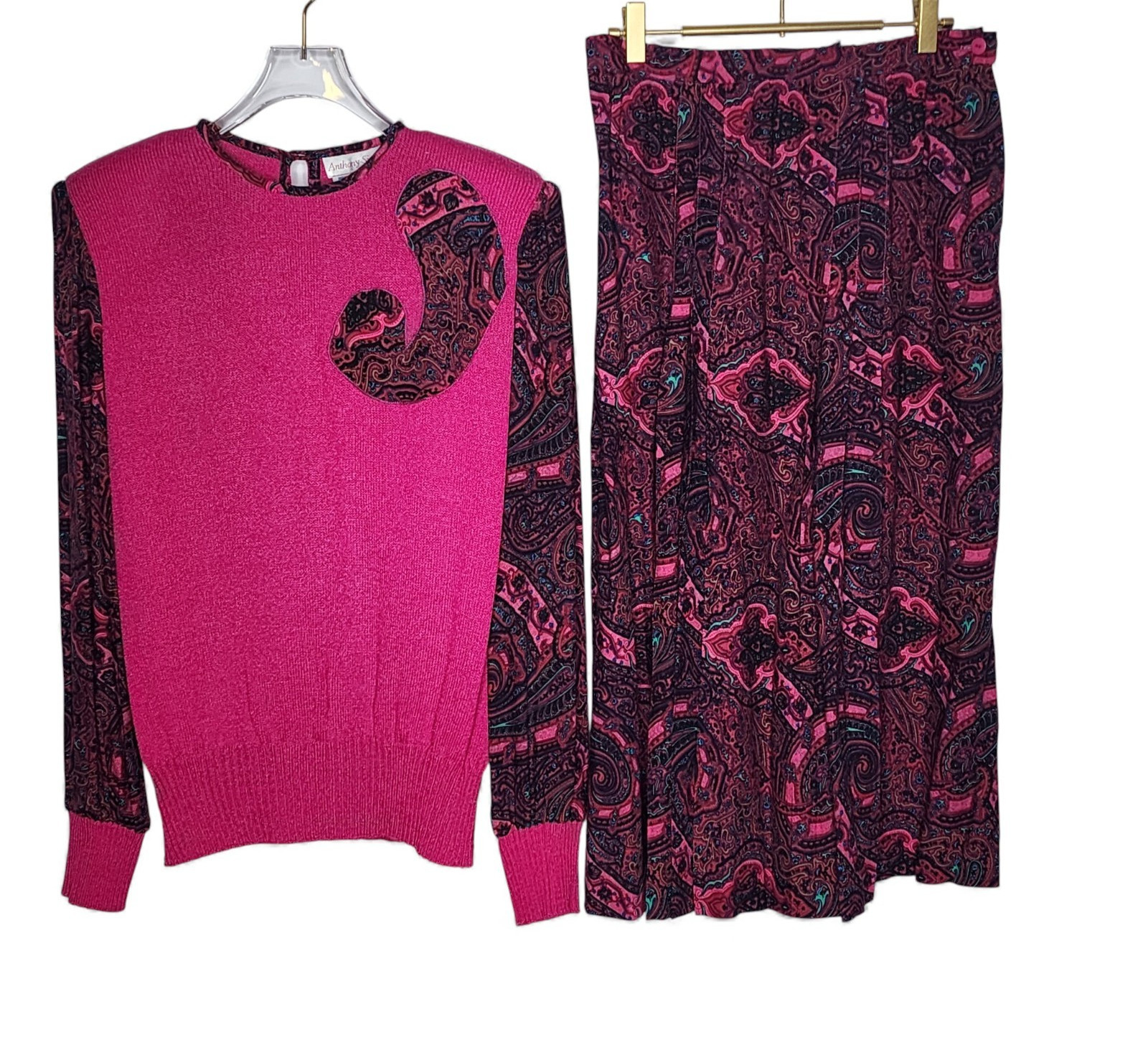 Vintage 80s Pink Paisley Two Piece Sweater Skirt Set Anthony Sicari Size 12