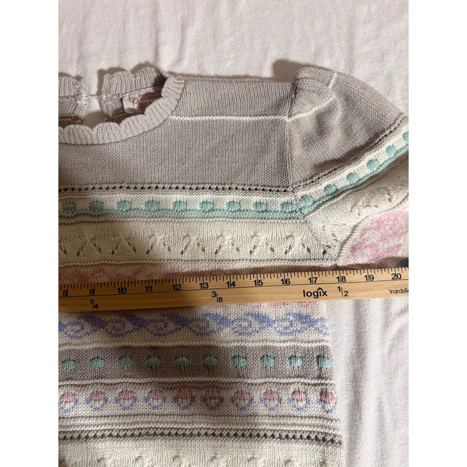Vintage Beldoch Popper Fair Isle Pointelle Knit Sweater Pastel Puff Sleeve Grey