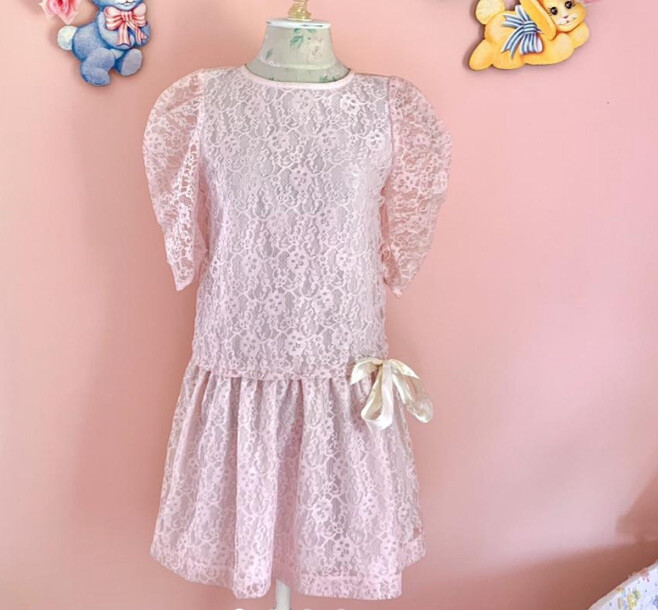 vintage 80s does 20s pastel pink lace drop waist mini dress XS/S