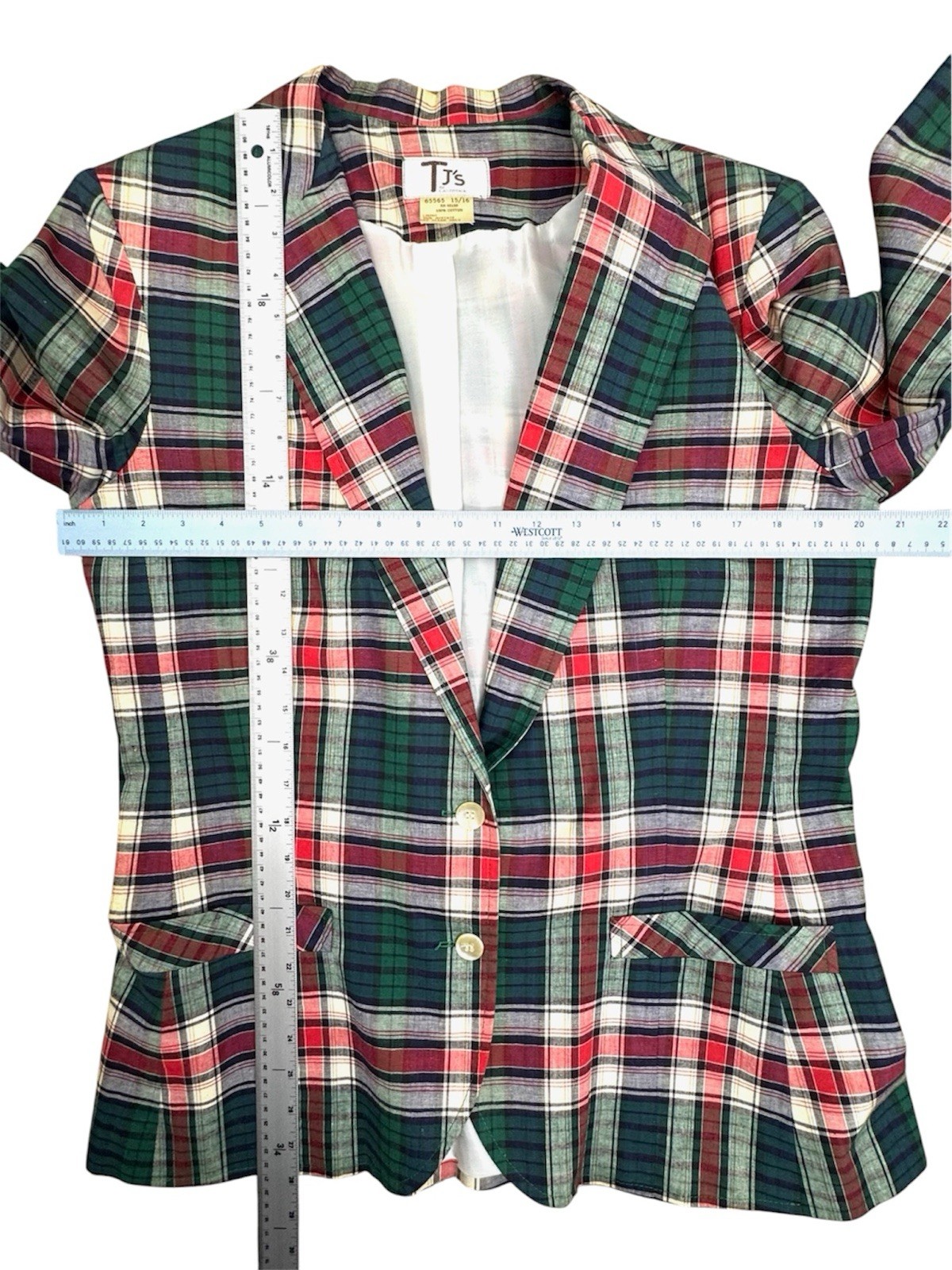 Vintage 70s 80s Blazer Jacket Green Red Plaid Tartan Cotton 15/16 Medium Pockets