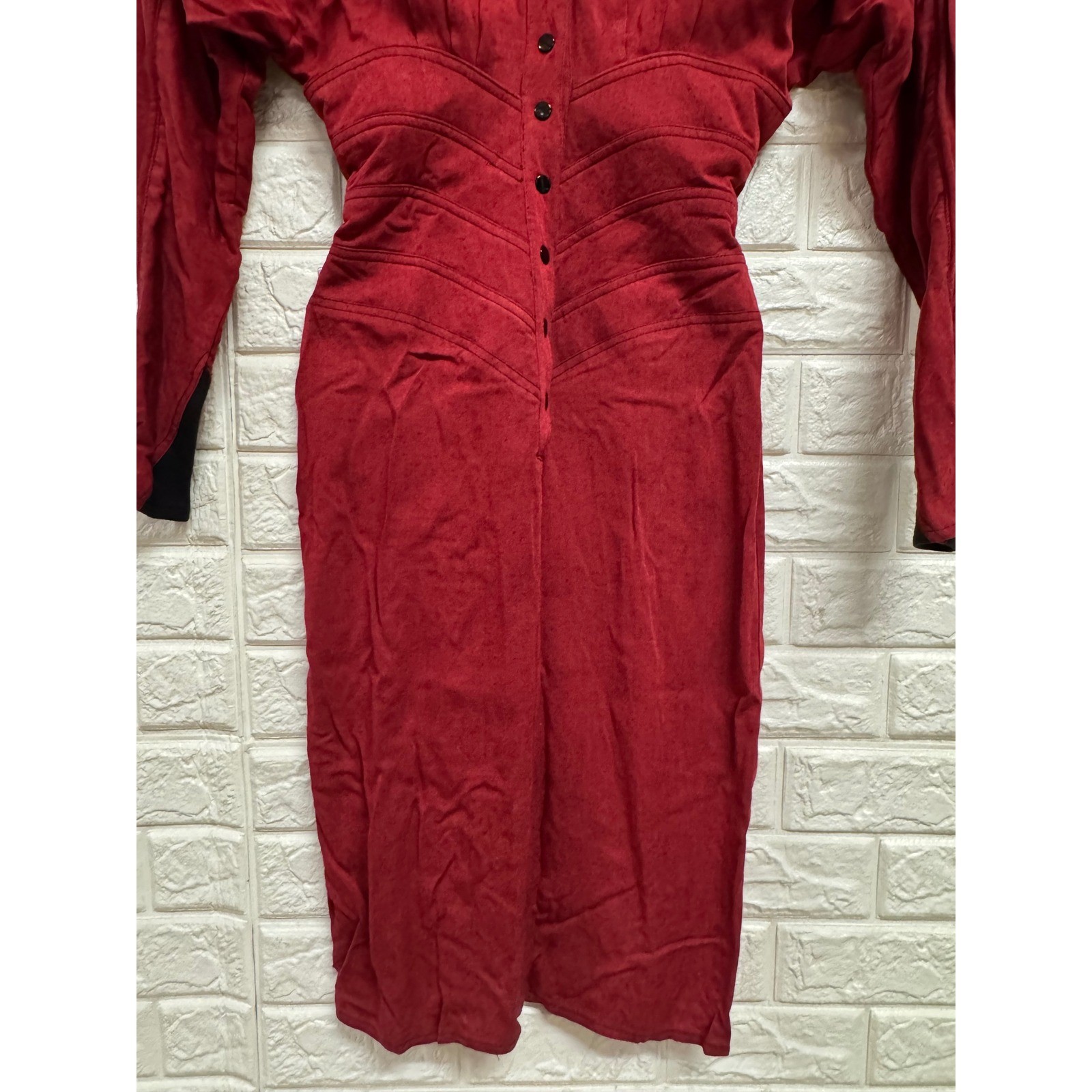 Vintage IIF Red Rayon Button Front Mock Neck Power Shoulder Midi Dress Size 4