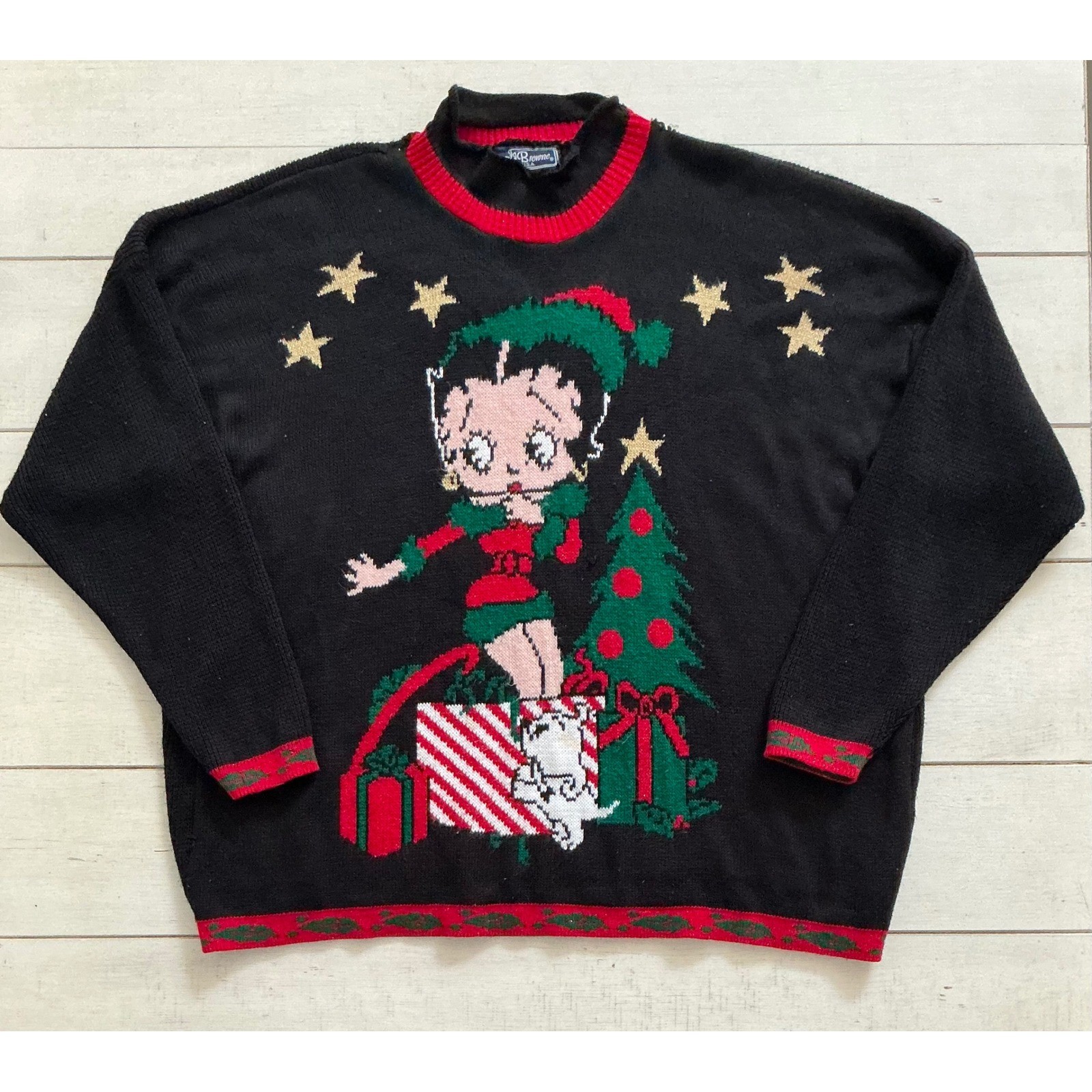 Vintage JJ Browne Betty Boop Christmas Sweater Black Red Knit Pullover Medium 2X