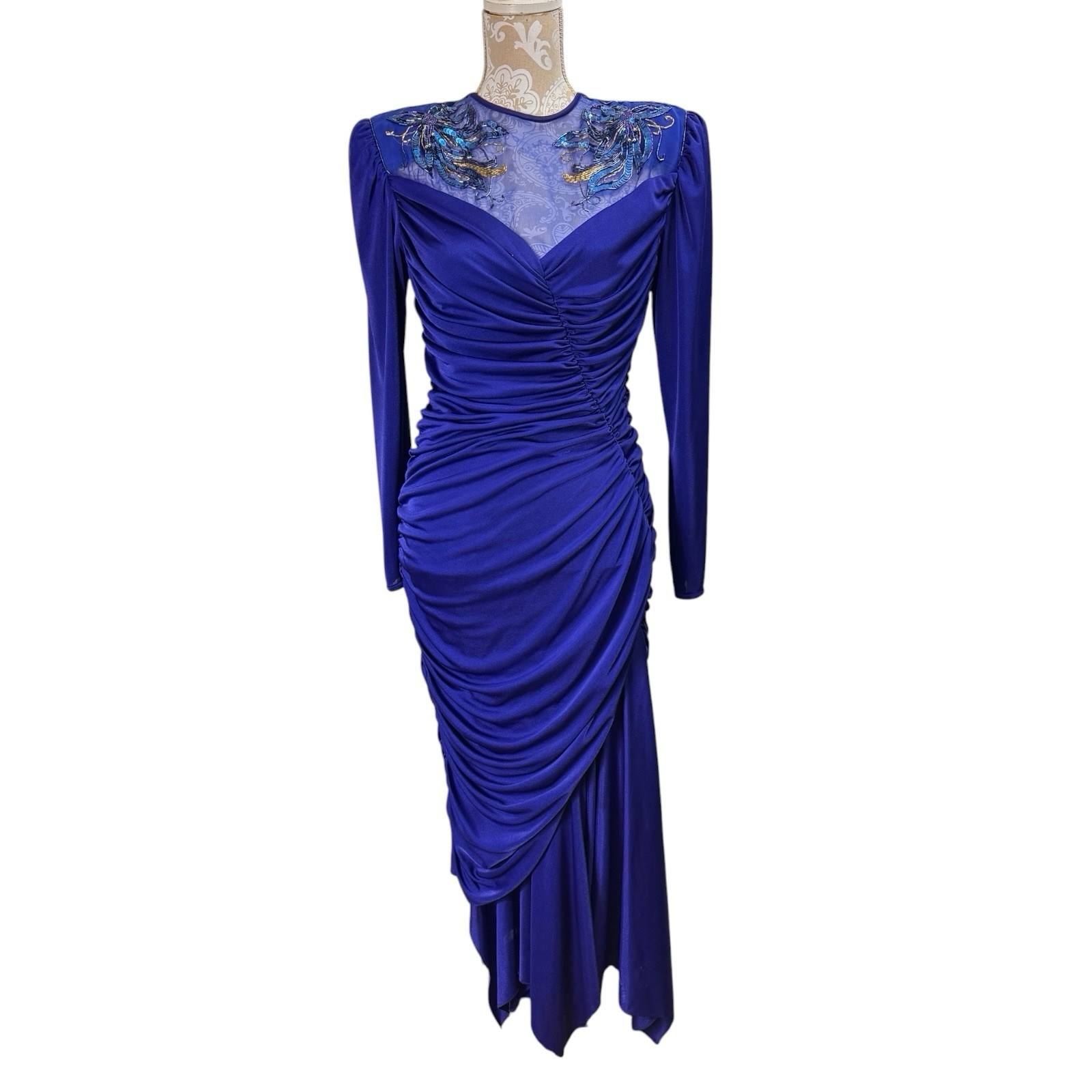 Vintage 80’s Abby Kent Beaded Blue Cocktail Dress Ruched Draped Size 10 Dynasty