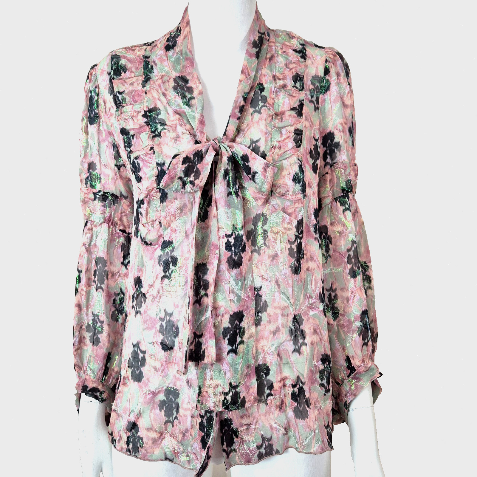 Vtg Anna Sui Blouse Pink Green Silk Blend Pussie Bow 3/4 Sleeves Romantic Size 8