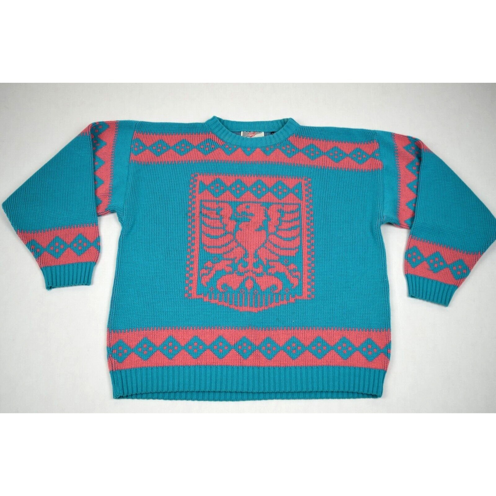 Vintage Sweater Beaux Arts Size S/M 80s Teal Pink Trim Phoenix Rising Acrylic