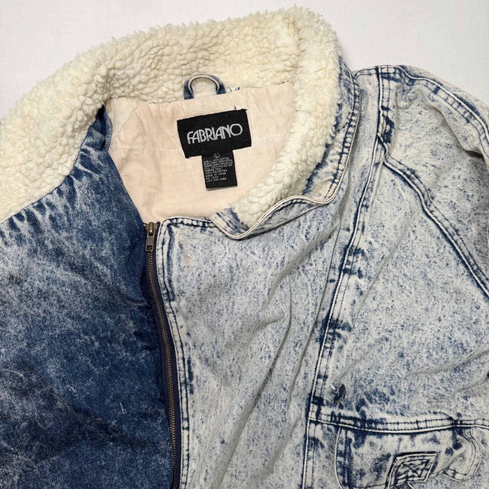Vintage 80s Fabriano Acid Wash Denim Sherpa Bomber Jacket Womens L Cropped 90s