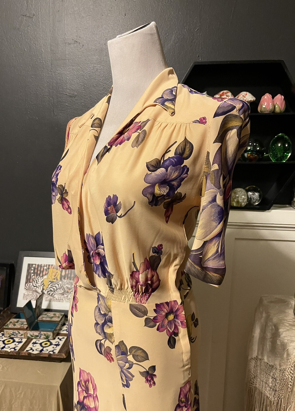 1930’s Rayon Jersey Magnolia Flower Dress | Purple Pink Yellow