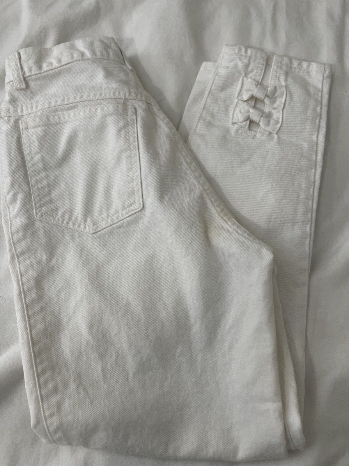 Vintage Sasson High Waisted Denim White Jeans Zip Ankle Women’s Ankle Bows 26×27