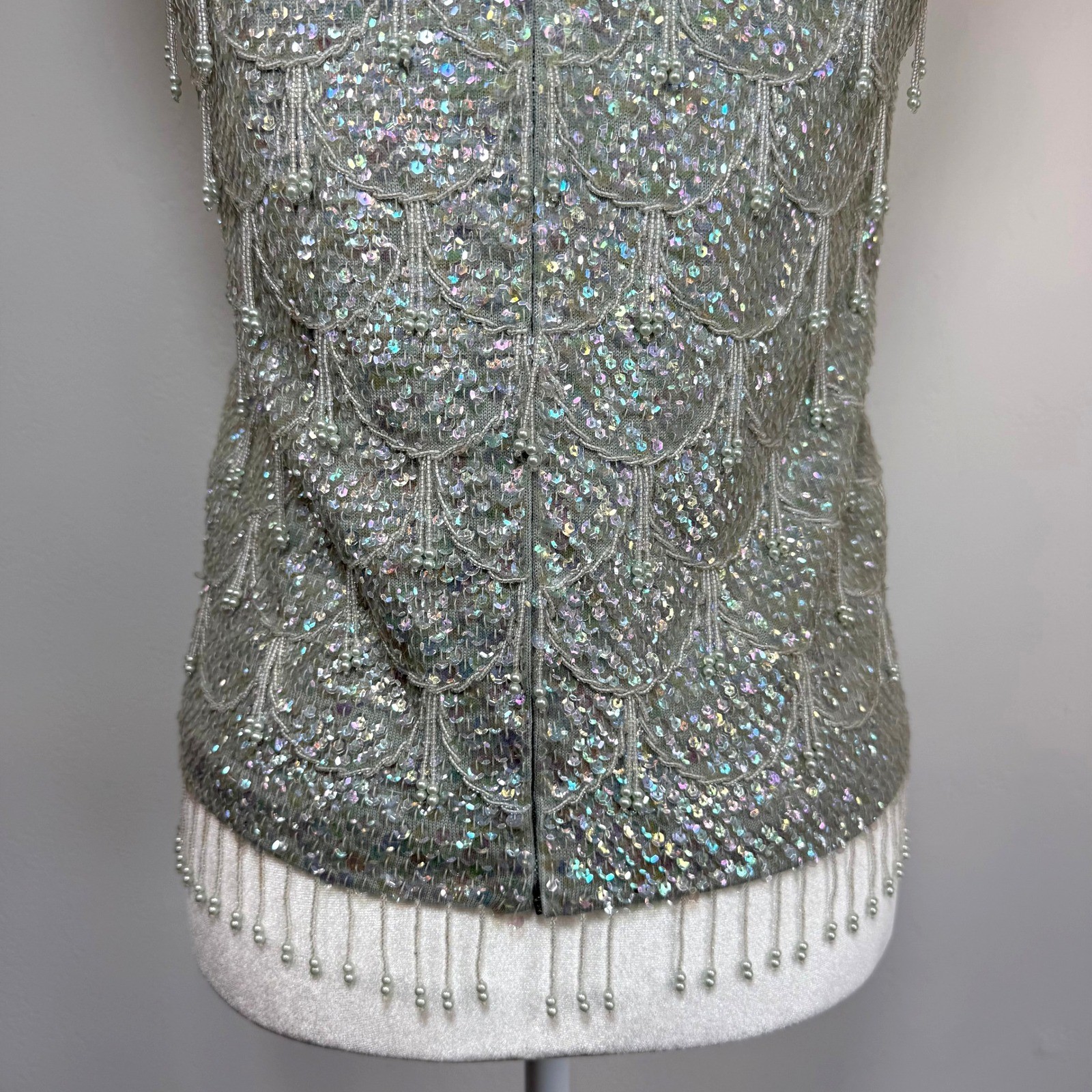 Vintage Beaded Sequin Evening Top Mermaidcore Gatsby Fairy 100% Wool Hong Kong S