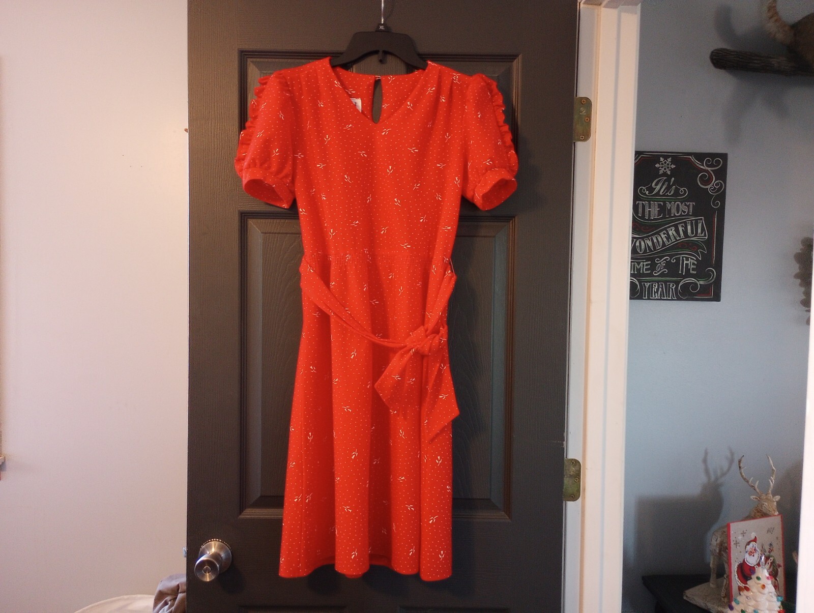 60s Red Swing Dress PBJ Jerrell Floral Cottage Midi Vintage Ruffled Puff Sleeve